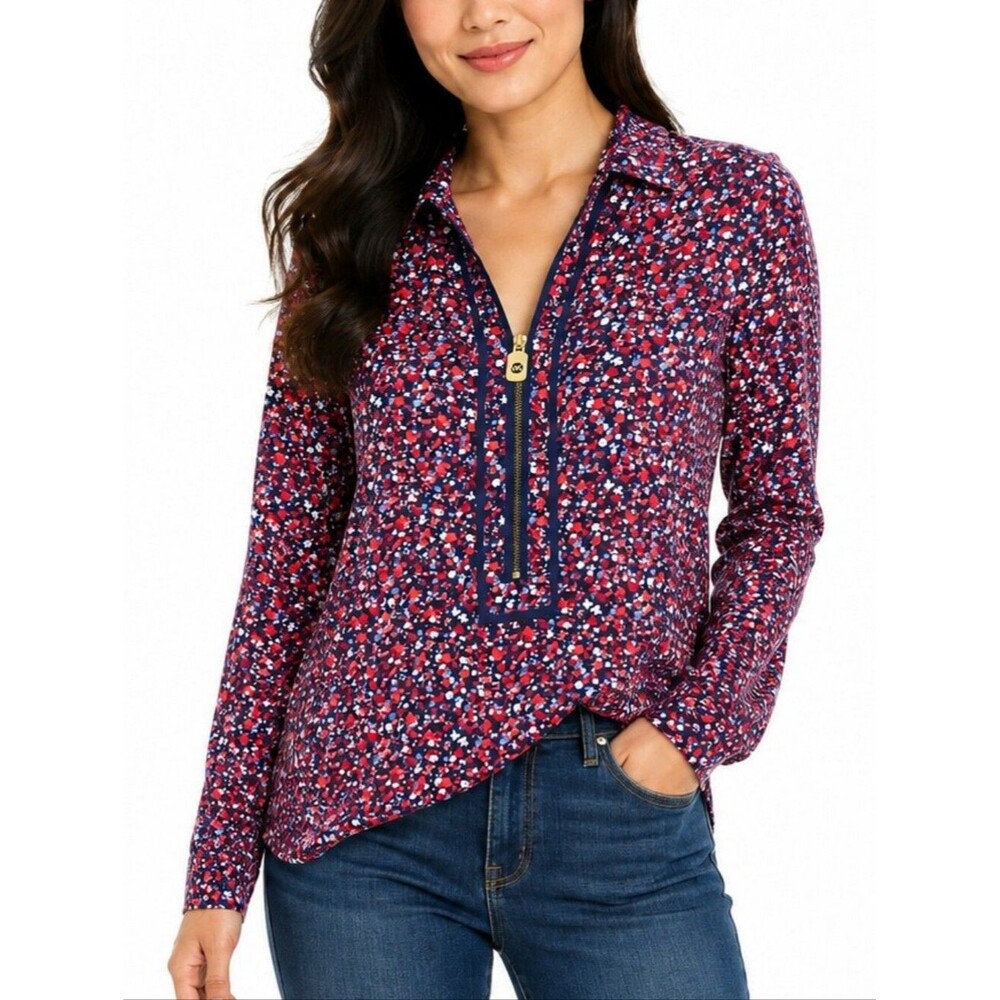 Michael Kors Floral Zip Neck Long Roll-tab Sleeve Blouse Navy Red Size Small